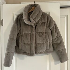 Abercrombie & Fitch Plush Faux Fur Puffer Jacket in Light Gray